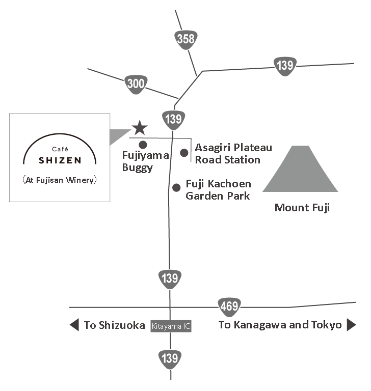 Map of the Mount Fuji area, showing the location of Café Shizen
